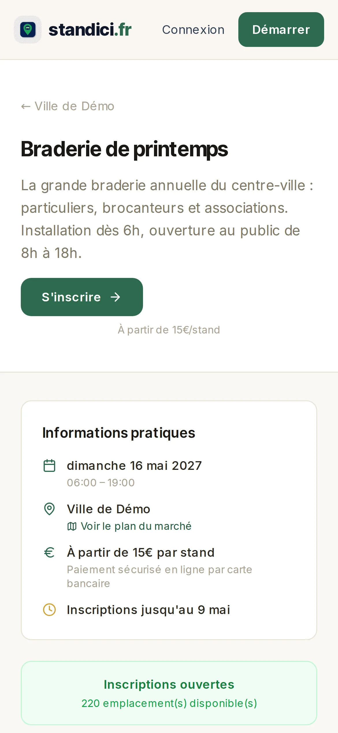 Page d'inscription d'une braderie sur téléphone